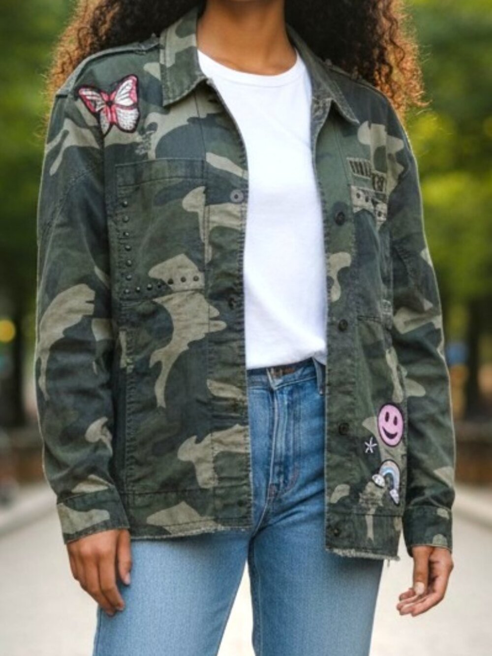 Hollister Women's Camouflage Utility Jacket with Fun Patches Size M
